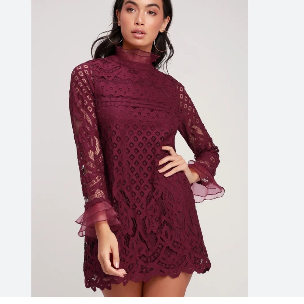 Lucky Burgundy Lace Long Sleeve Shift Dress